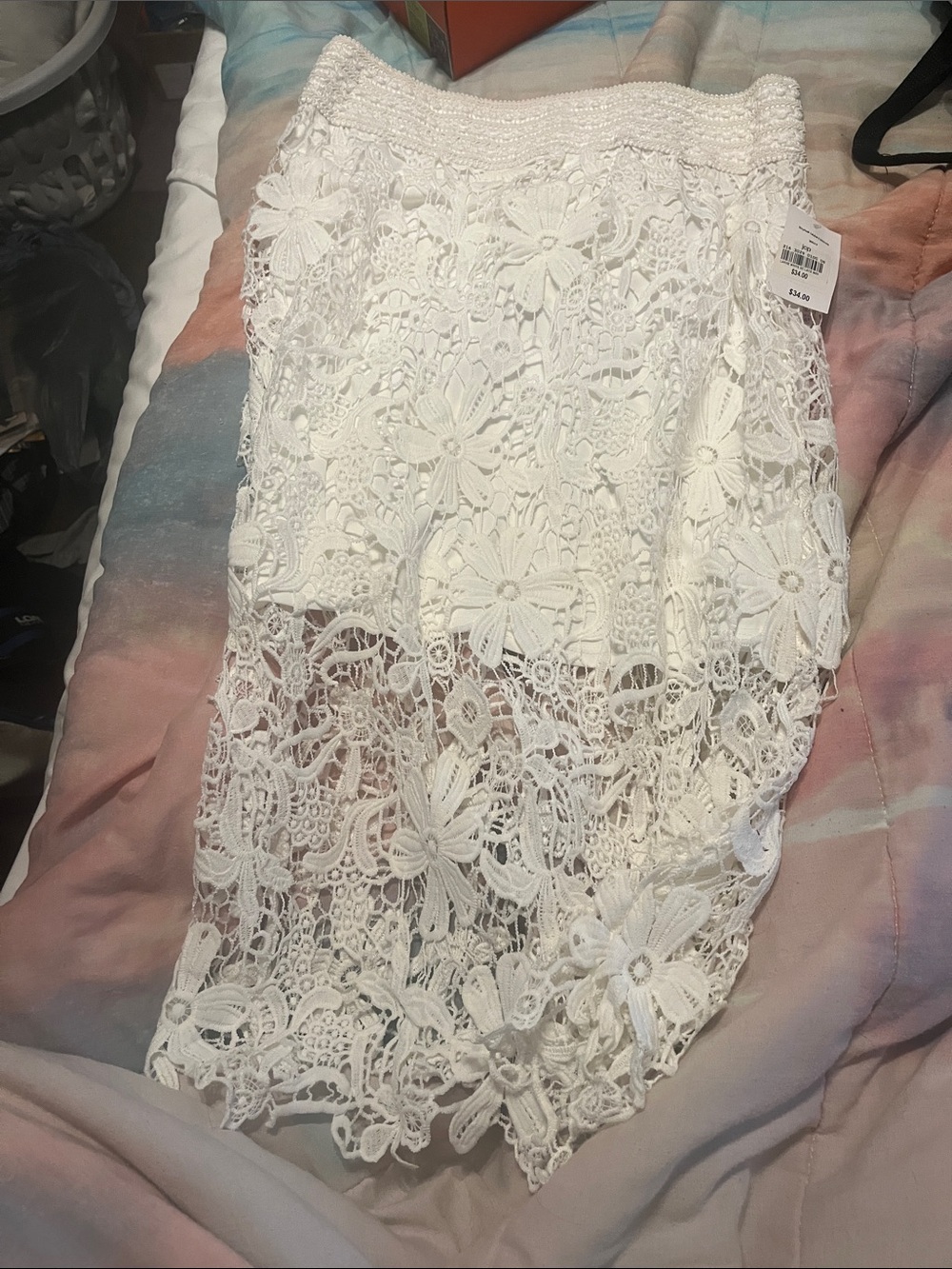Decree White Floral Crochet Midi Skirt